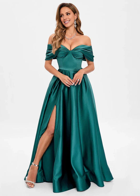 Elegant A-Line Off-Shoulder Sweetheart Neck High-Slit Satin Maxi Evening Dress