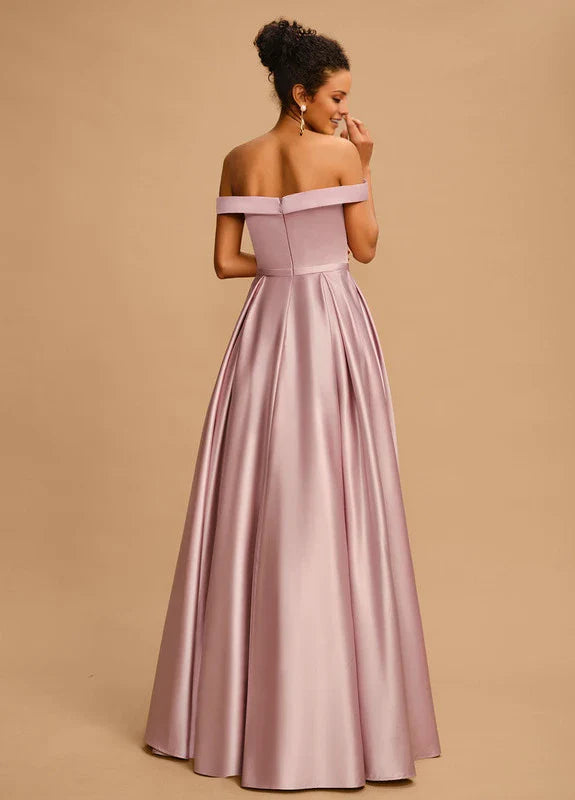 Elegant A-Line Off-Shoulder Sweetheart Neck Pocketed Satin Maxi Evening Dress