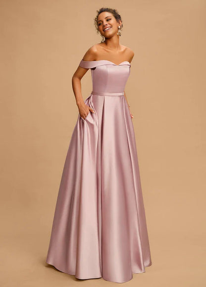Elegant A-Line Off-Shoulder Sweetheart Neck Pocketed Satin Maxi Evening Dress