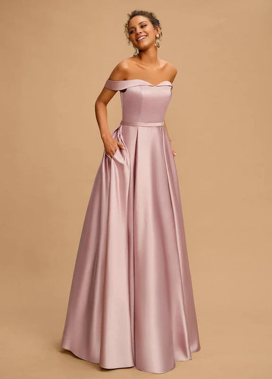 Elegant A-Line Off-Shoulder Sweetheart Neck Pocketed Satin Maxi Evening Dress