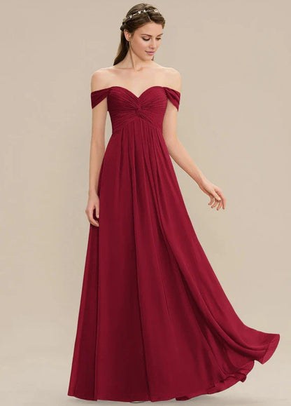 Elegant A-Line Off-Shoulder Sweetheart Neck Ruched Chiffon Maxi Evening Dress