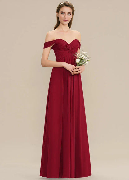 Elegant A-Line Off-Shoulder Sweetheart Neck Ruched Chiffon Maxi Evening Dress