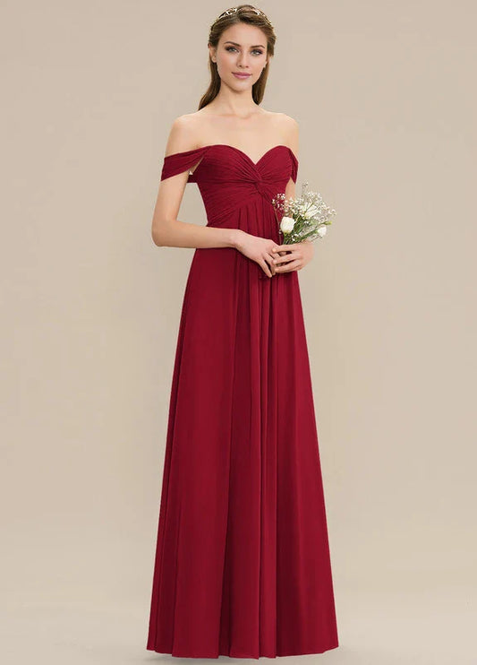 Elegant A-Line Off-Shoulder Sweetheart Neck Ruched Chiffon Maxi Evening Dress