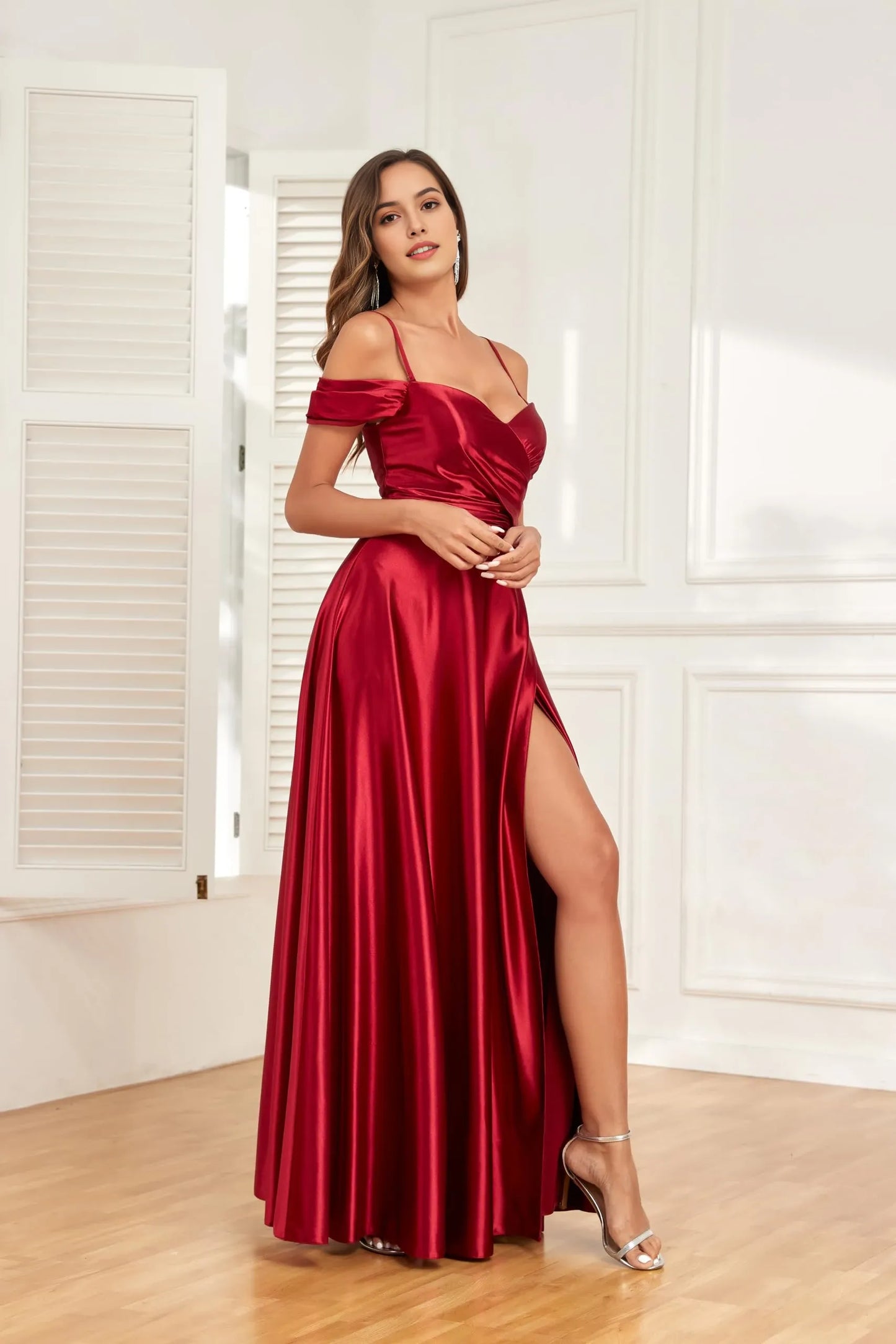 Elegant A-Line Off-Shoulder Sweetheart Neck Short Sleeve Lace-Up Back High-Slit Floor-Length Evening Dress