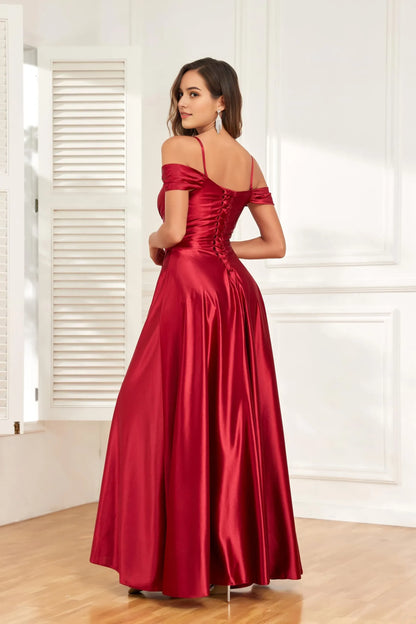 Elegant A-Line Off-Shoulder Sweetheart Neck Short Sleeve Lace-Up Back High-Slit Floor-Length Evening Dress