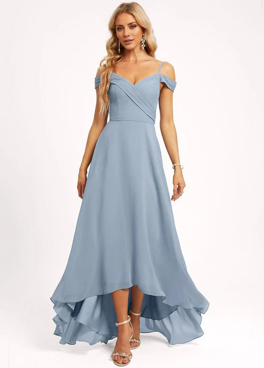 Elegant A-Line Off-Shoulder Sweetheart Neck Tie-Back High-Low Chiffon Maxi Evening Dress