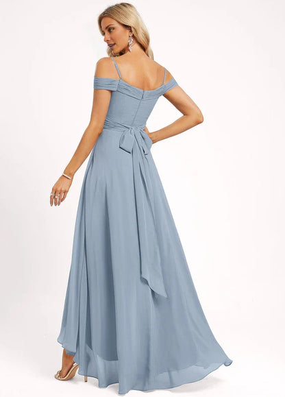 Elegant A-Line Off-Shoulder Sweetheart Neck Tie-Back High-Low Chiffon Maxi Evening Dress