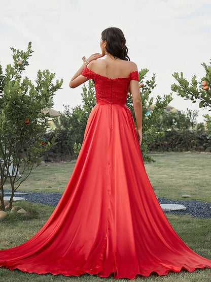 Back view of the A-line off-shoulder two-piece prom dress, highlighting the satin fabric.