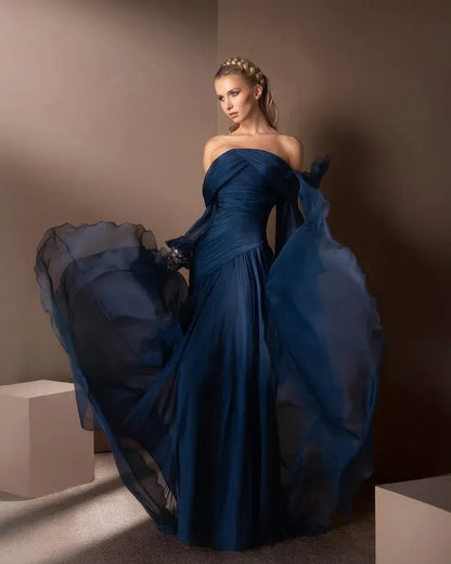 Elegant A-Line Off-The-Shoulder Long-Sleeve Open-Back Beaded Maxi Evening Dress