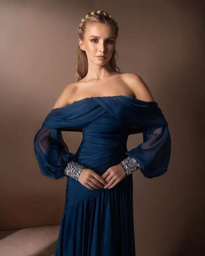 Elegant A-Line Off-The-Shoulder Long-Sleeve Open-Back Beaded Maxi Evening Dress