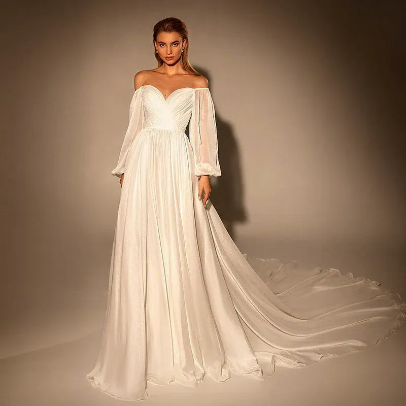 Elegant A-Line Off-The-Shoulder Puff Sleeve Chiffon Wedding Dress With Train
