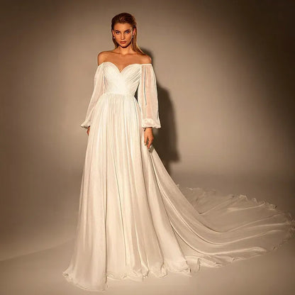 Elegant A-Line Off-The-Shoulder Puff Sleeve Chiffon Wedding Dress With Train