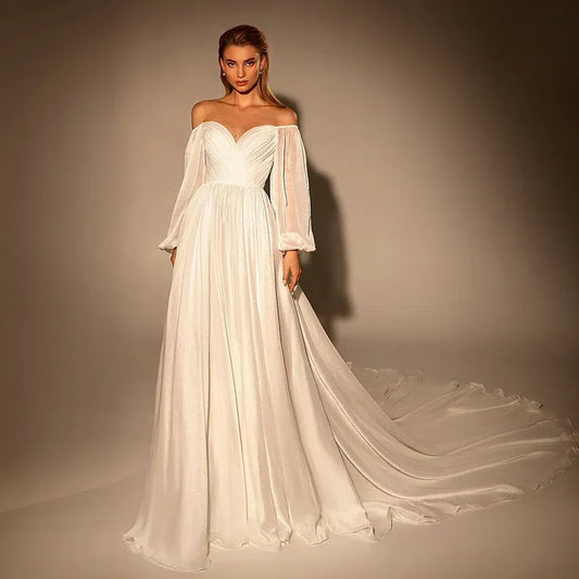 Elegant A-Line Off-The-Shoulder Puff Sleeve Chiffon Wedding Dress With Train
