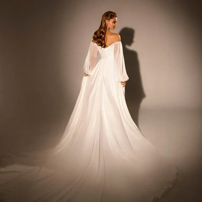 Elegant A-Line Off-The-Shoulder Puff Sleeve Chiffon Wedding Dress With Train