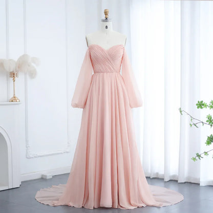 Elegant A-Line Off-The-Shoulder Puff Sleeve Chiffon Wedding Dress With Train