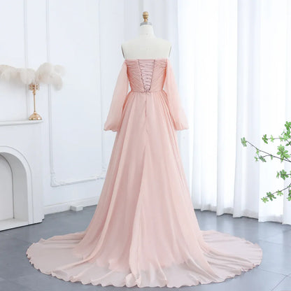 Elegant A-Line Off-The-Shoulder Puff Sleeve Chiffon Wedding Dress With Train
