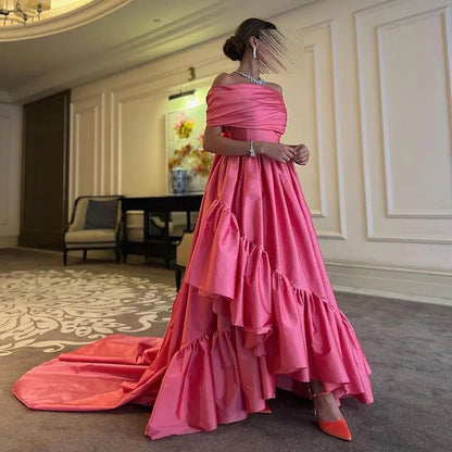 Elegant A-Line Off-The-Shoulder Short Sleeve Backless Draped Bow Tiered Ruffle Satin Evening Dress With Train