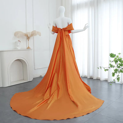 Elegant A-Line Off-The-Shoulder Short Sleeve Backless Draped Bow Tiered Ruffle Satin Evening Dress With Train