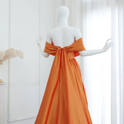 Elegant A-Line Off-The-Shoulder Short Sleeve Backless Draped Bow Tiered Ruffle Satin Evening Dress With Train