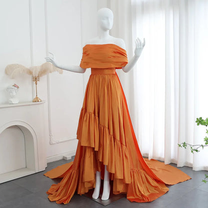Elegant A-Line Off-The-Shoulder Short Sleeve Backless Draped Bow Tiered Ruffle Satin Evening Dress With Train