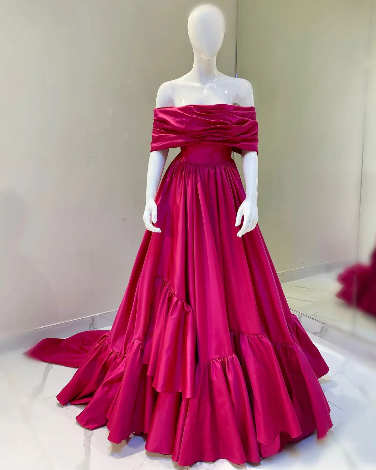 Elegant A-Line Off-The-Shoulder Short Sleeve Backless Draped Bow Tiered Ruffle Satin Evening Dress With Train