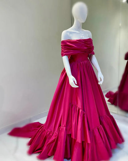 Elegant A-Line Off-The-Shoulder Short Sleeve Backless Draped Bow Tiered Ruffle Satin Evening Dress With Train