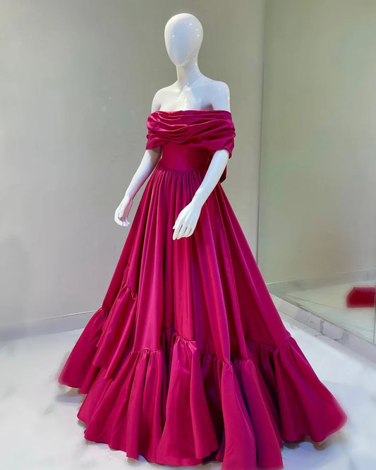 Elegant A-Line Off-The-Shoulder Short Sleeve Backless Draped Bow Tiered Ruffle Satin Evening Dress With Train