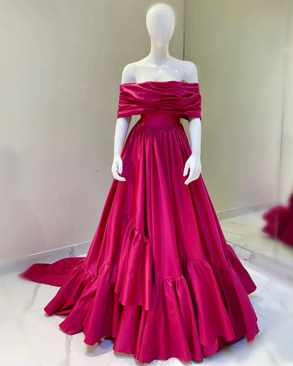 Elegant A-Line Off-The-Shoulder Short Sleeve Backless Draped Bow Tiered Ruffle Satin Evening Dress With Train