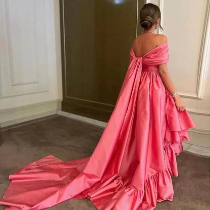 Elegant A-Line Off-The-Shoulder Short Sleeve Backless Draped Bow Tiered Ruffle Satin Evening Dress With Train