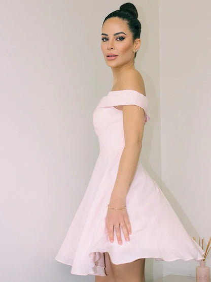 A-Line off-the-shoulder satin mini homecoming dress, side view.
