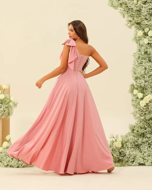 Elegant A-Line One-Shoulder Bow Decor Sleeveless Lace-Up Back High-Slit Floor-Length Evening Dress