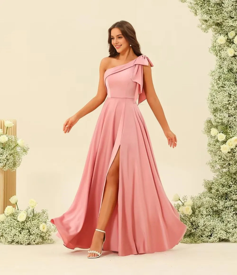 Elegant A-Line One-Shoulder Bow Decor Sleeveless Lace-Up Back High-Slit Floor-Length Evening Dress