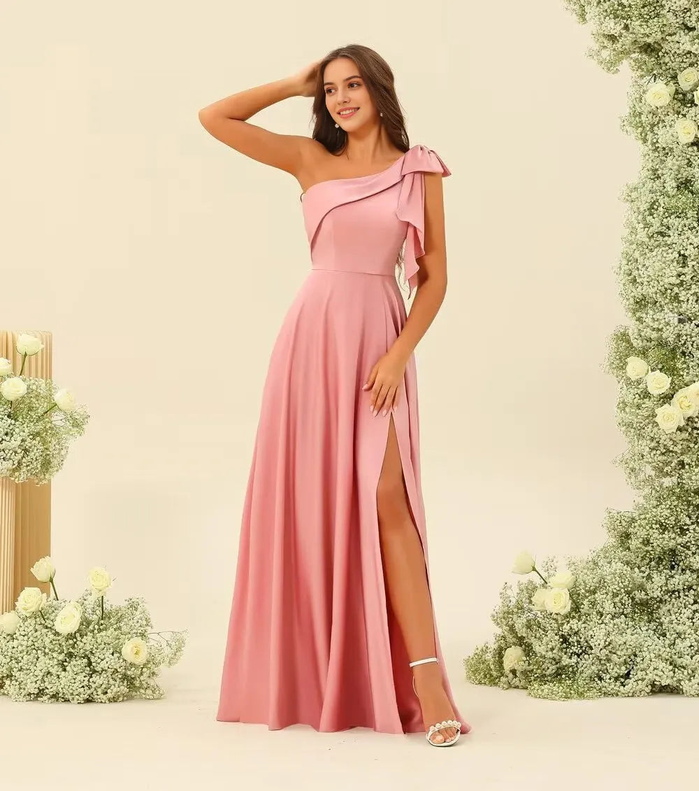 Elegant A-Line One-Shoulder Bow Decor Sleeveless Lace-Up Back High-Slit Floor-Length Evening Dress