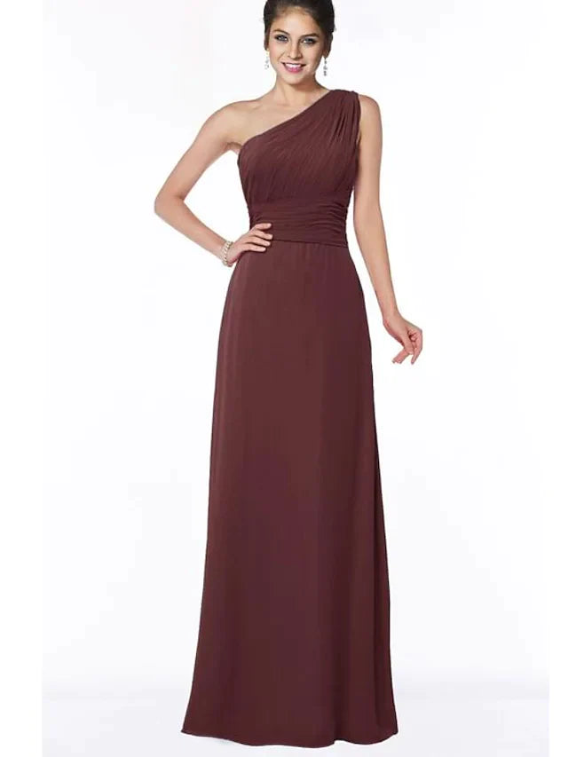 Model wearing an elegant A-line one-shoulder chiffon bridesmaid dress with ruching.
