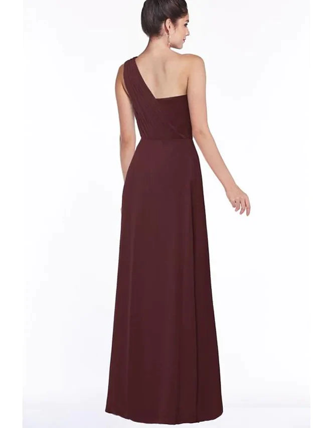Side view of a model in a floor-length one-shoulder chiffon bridesmaid dress.