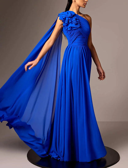 Model wearing an elegant A-line one-shoulder chiffon evening gown with pleats and a ruched flower.