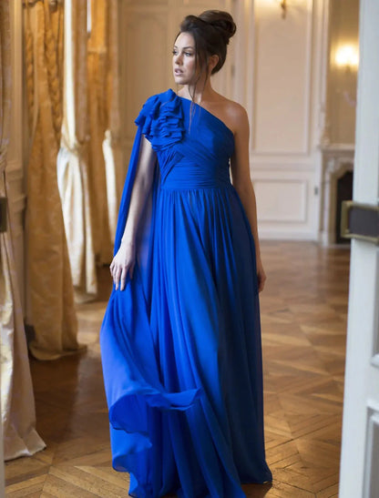 Full view of the back of the elegant A-line one-shoulder chiffon evening gown.