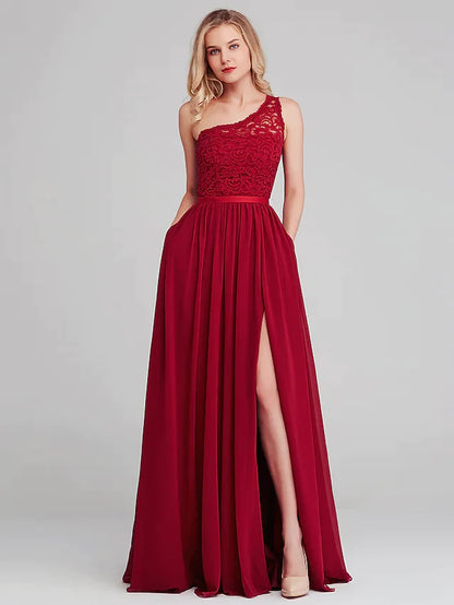 Model wearing an elegant A-line one-shoulder long bridesmaid dress with a sash ribbon.