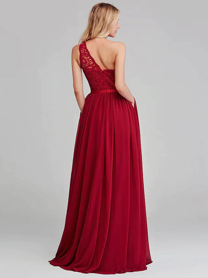Close-up of the one-shoulder neckline and lace detail on the chiffon bridesmaid dress.