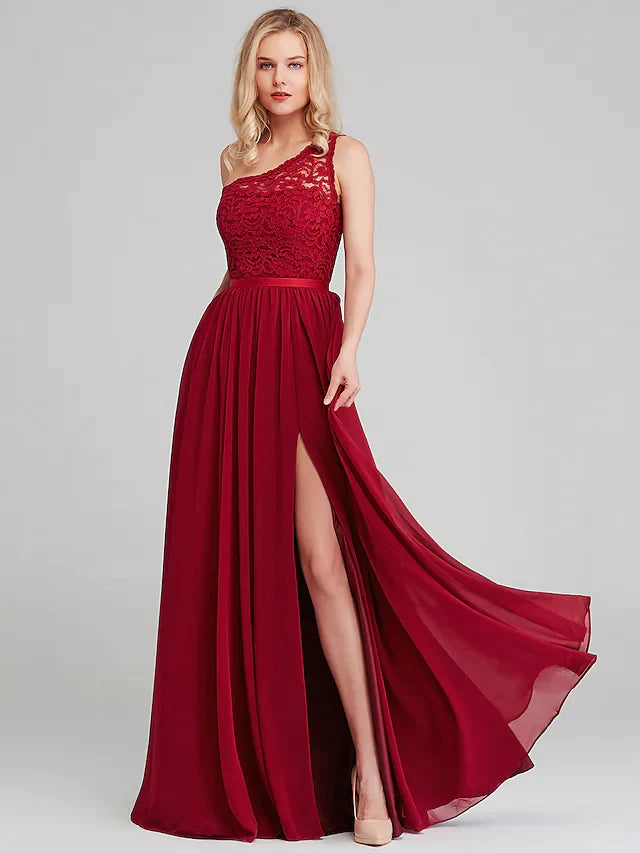 Side profile of the elegant A-line one-shoulder long bridesmaid dress.