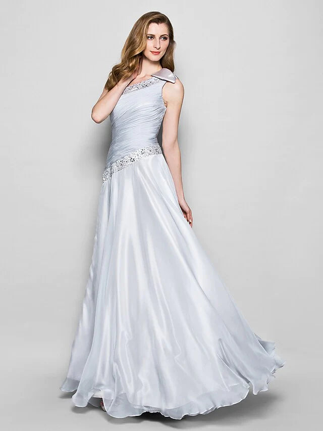 Elegant A-line one-shoulder chiffon Mother of the Bride dress with crystal beading and bows.