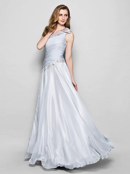 Elegant A-line one-shoulder chiffon Mother of the Bride dress with crystal beading and bows.