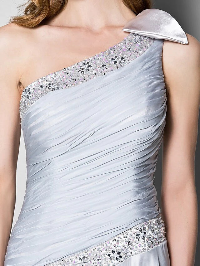 Full length view of the A-line one-shoulder chiffon Mother of the Bride dress.