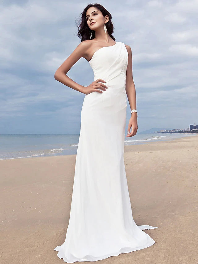 Model wearing a white one-shoulder chiffon plus size wedding dress with side draping.