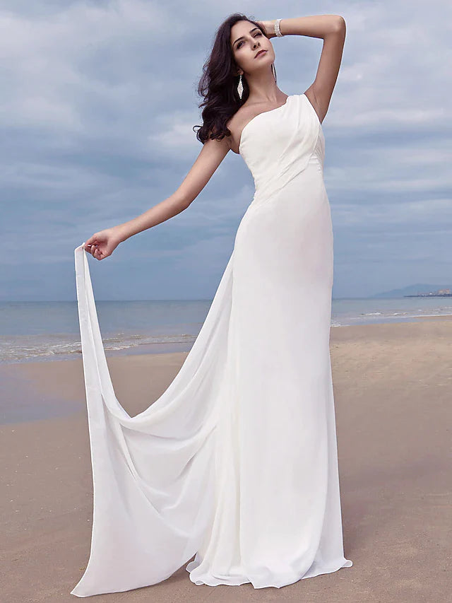 Back view of the elegant plus size chiffon wedding gown with a train.