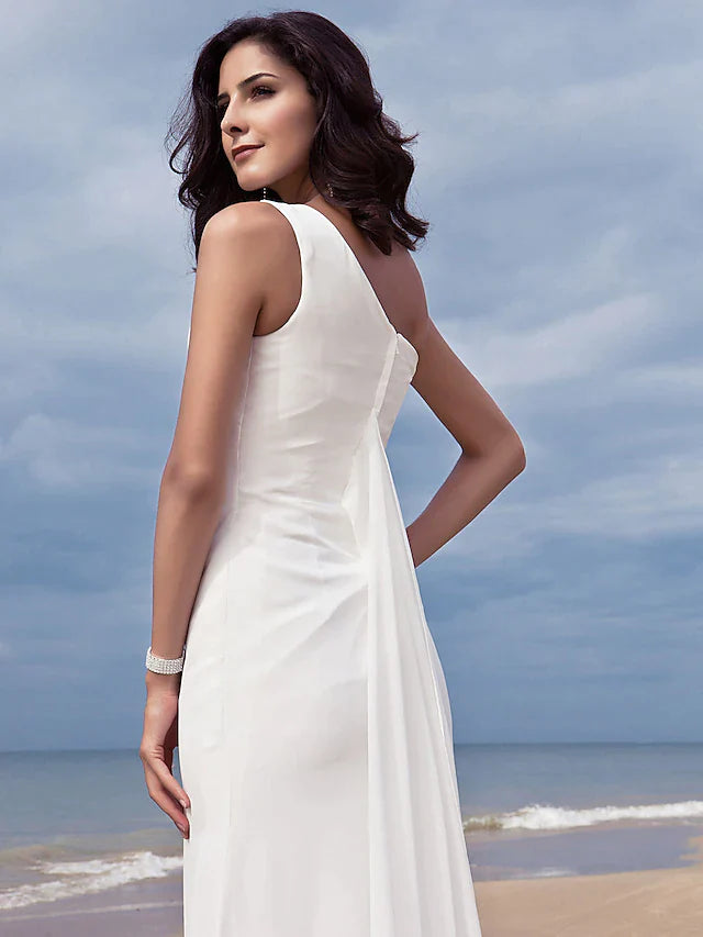 Side profile of the one-shoulder plus size wedding dress showcasing its silhouette.