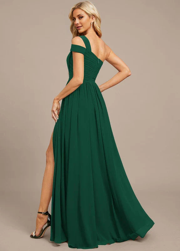 Elegant A-Line One-Shoulder Ruched Chiffon High-Slit Maxi Evening Dress