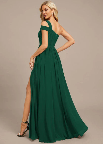 Elegant A-Line One-Shoulder Ruched Chiffon High-Slit Maxi Evening Dress