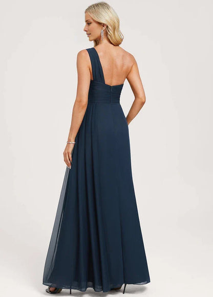 Elegant A-Line One-Shoulder Ruched High-Slit Chiffon Maxi Evening Dress