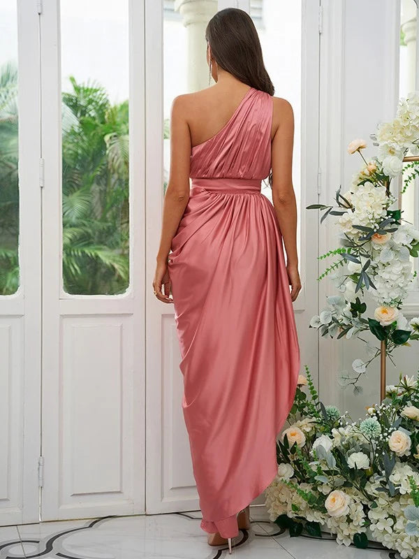 A-line one-shoulder bridesmaid dress with ruffles, front view.